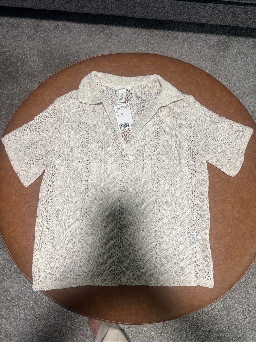 H&M Cream Open-Knit Short Sleeve Polo